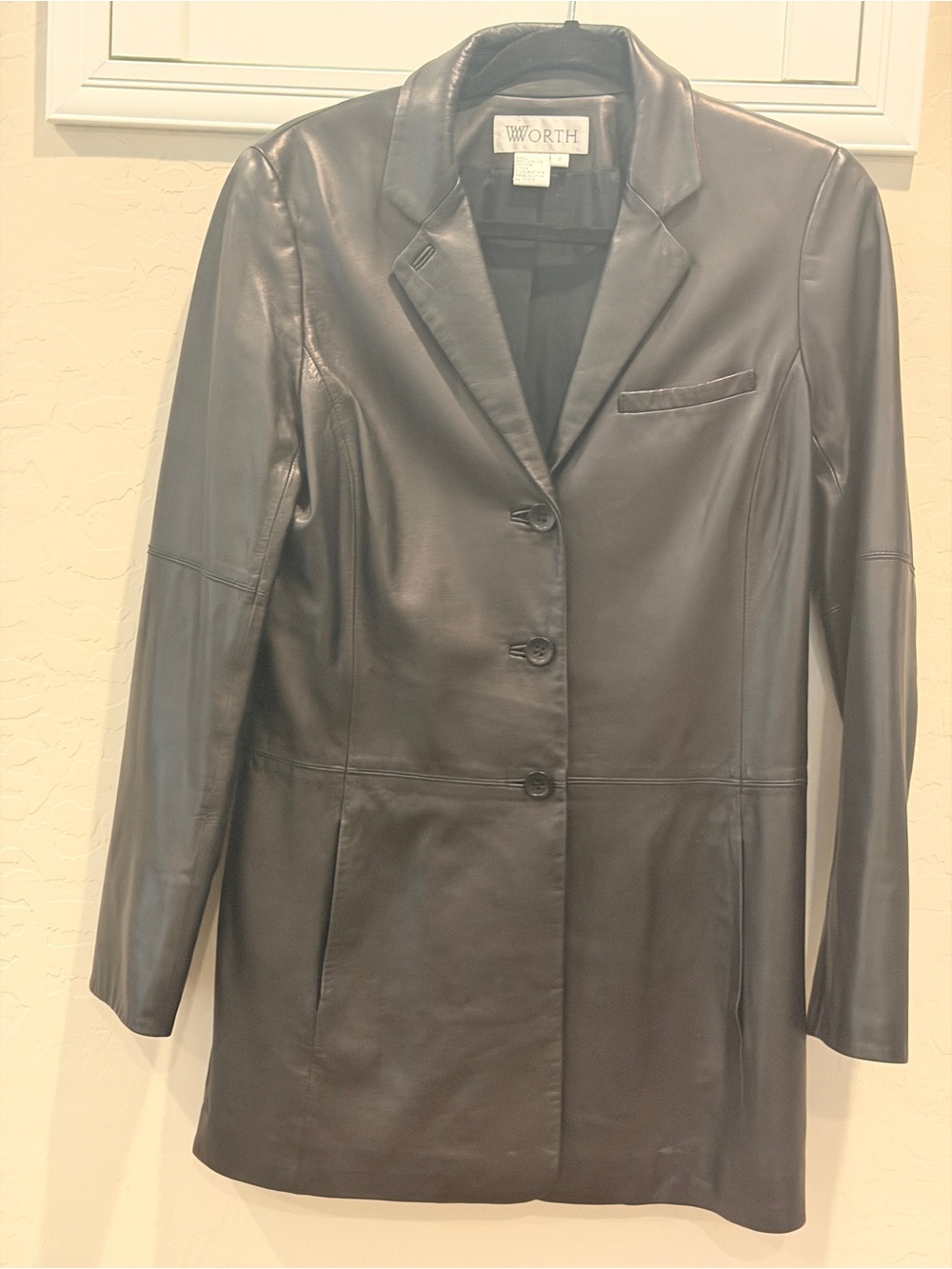 Worth Black Leather Blazer with Notch Lapel EUC